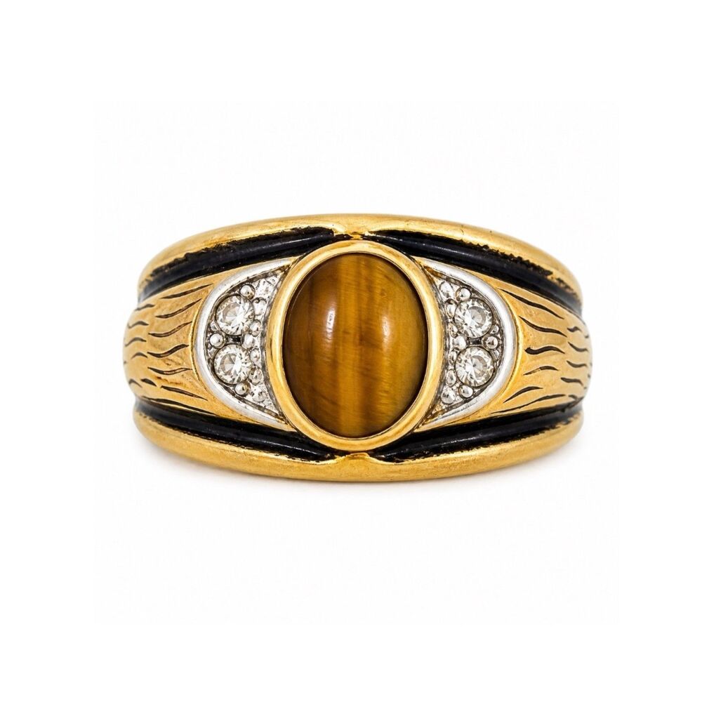 Vintage 1960s Ring Uncas Size 11 Tiger's Eye 14K Gold Plate Mid-Century -14N